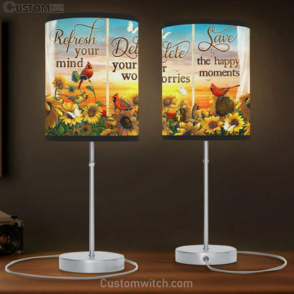 Refresh Your Mind Delete Your Worries Save The Happy Moments Sunflower Cardinal Large Table Lamb - Christian Table Lamb Prints - Religious Table Lamb Art