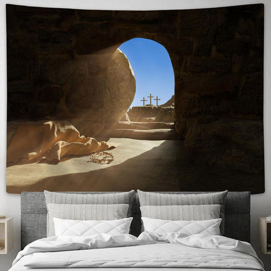 Resurrection Jesus Empty Stone Tomb Tapestry Pictures - Faith Art - Christian Tapestry Wall Art Decor