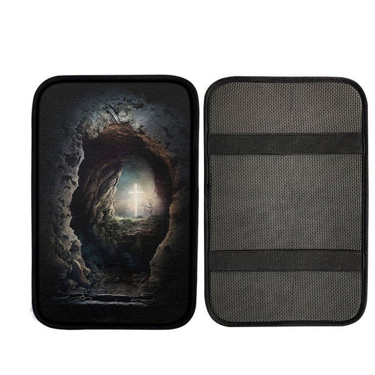 Resurrection Light Empty Tomb With Crucifix Dawn Car Center Console Cover, Christian Gift Car Armrest Pad