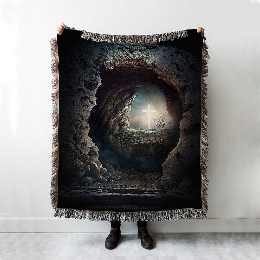 Resurrection Light Empty Tomb With Crucifix Dawn Woven Blanket Prints - Religious Woven Blanket Art - Christian Boho Blanket