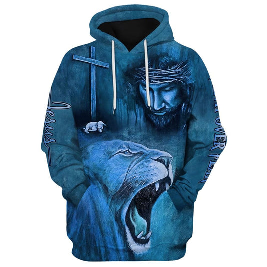 Roaring Blue Lion And Jesus, Faith Over Fear Hoodie For Men & Women, God 3D Printed Hoodie, Christian Apparel Hoodies