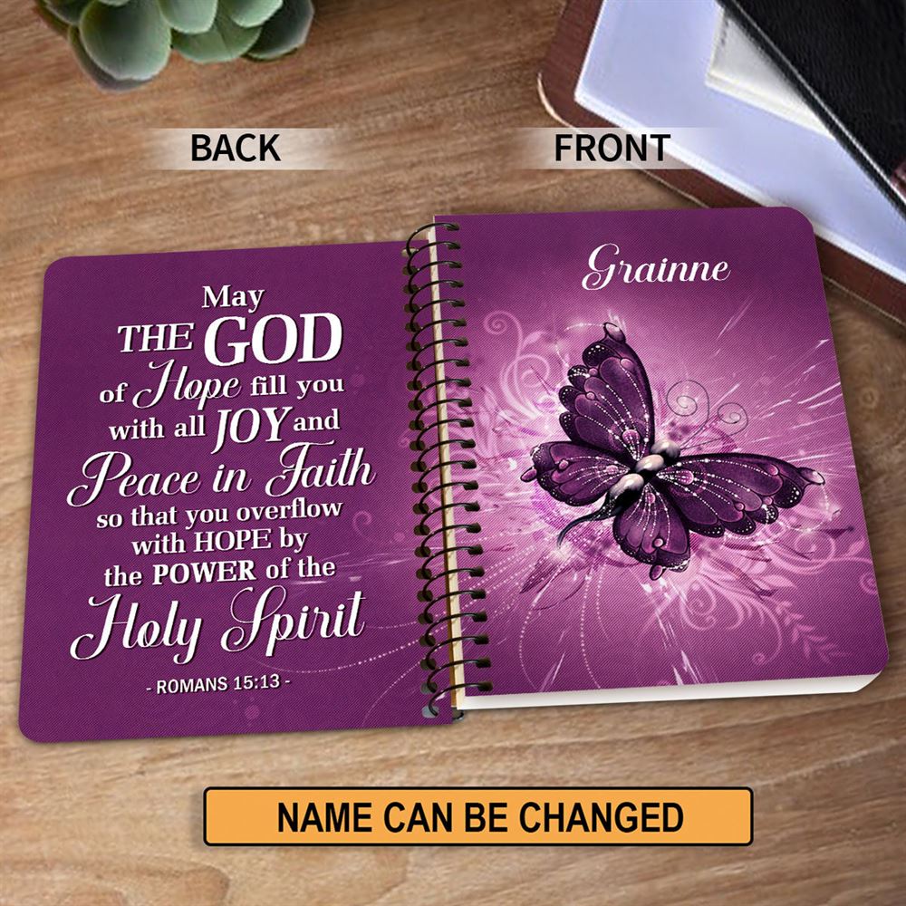 Romans 1513 Personalized Purple Butterfly Spiral Journal, Scripture Gifts For Church Members