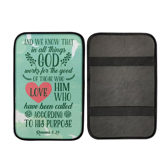 Romans 828 In All Things God Works For The Good Car Center Console Cover, Cross Car Interior Accessories