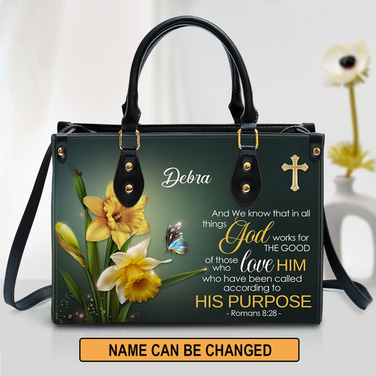 Romans 8 28 And We Know That In All Things Religious Personalized Leather Handbag With Handle Gifts For Christian Women