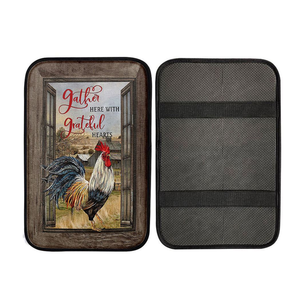 Rooster Chicken Gather Here With Grateful Hearts Car Center Console Cover, Religious Car Interior Accessories