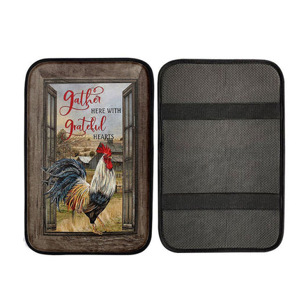 Rooster Chicken Gather Here With Grateful Hearts Car Center Console Cover, Religious Car Interior Accessories