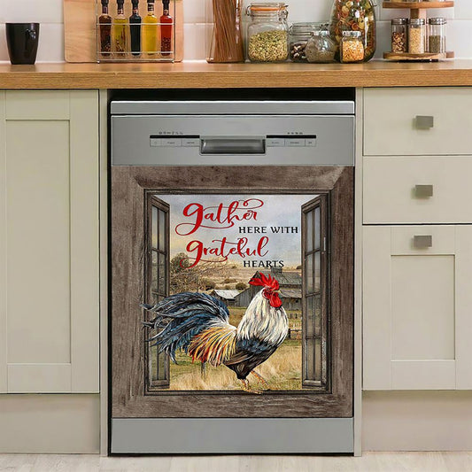 Rooster Chicken Gather Here With Grateful Hearts Dishwasher Cover, Inspirational Dishwasher Wrap, Christian Kitchen Decoration
