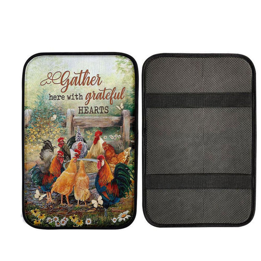 Rooster Meadow Land Gather Here With Grateful Hearts Car Center Console Cover, Religious Car Interior Accessories