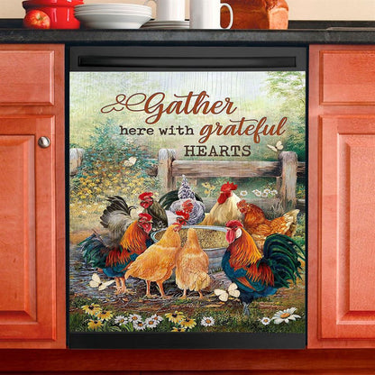 Rooster Meadow Land Gather Here With Grateful Hearts Dishwasher Cover, Christian Dishwasher Wrap, Bible Verse Kitchen Decoration