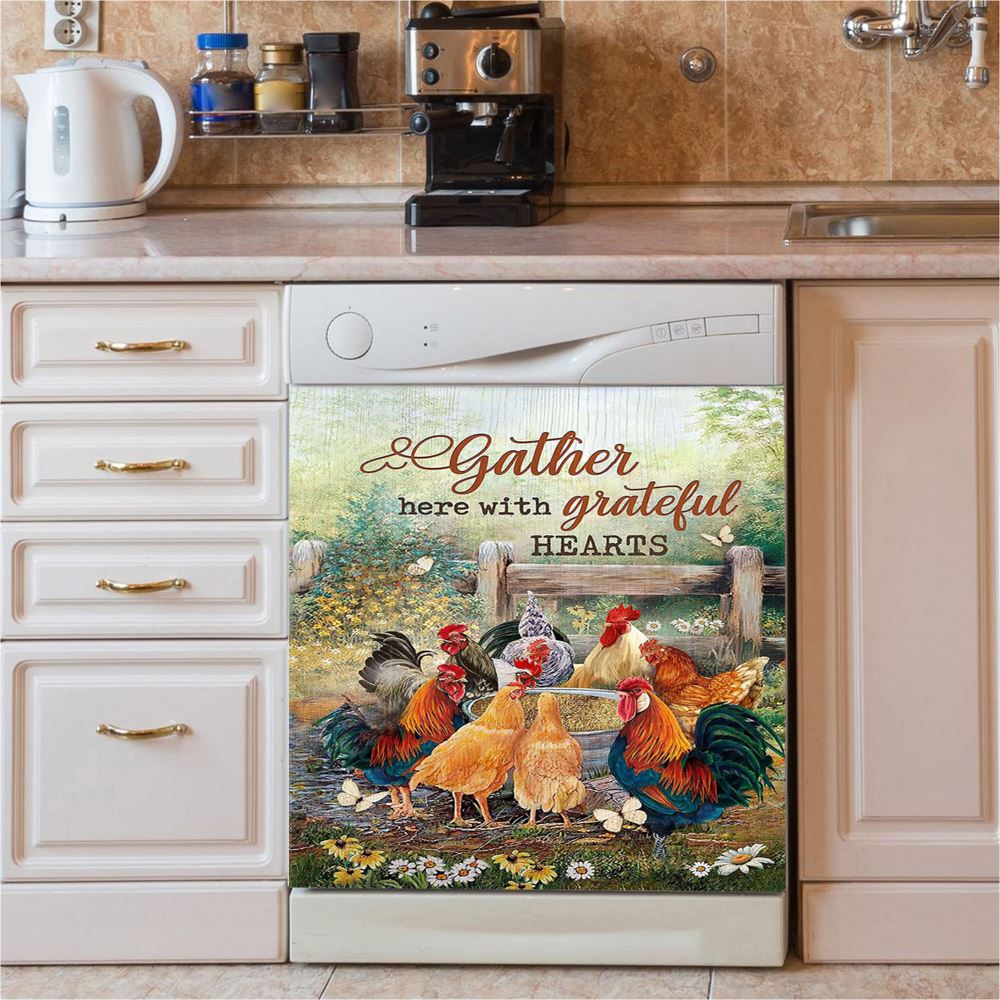 Rooster Meadow Land Gather Here With Grateful Hearts Dishwasher Cover, Christian Dishwasher Wrap, Bible Verse Kitchen Decoration