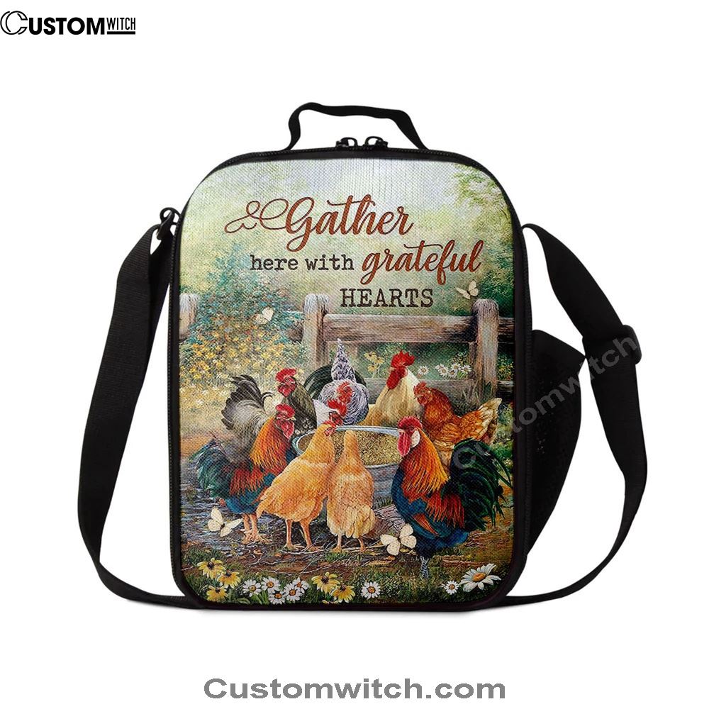 Rooster Meadow Land Gather Here With Grateful Hearts Lunch Bag - Christian Art, Bible Verse Lunch Bag For Men And Women
