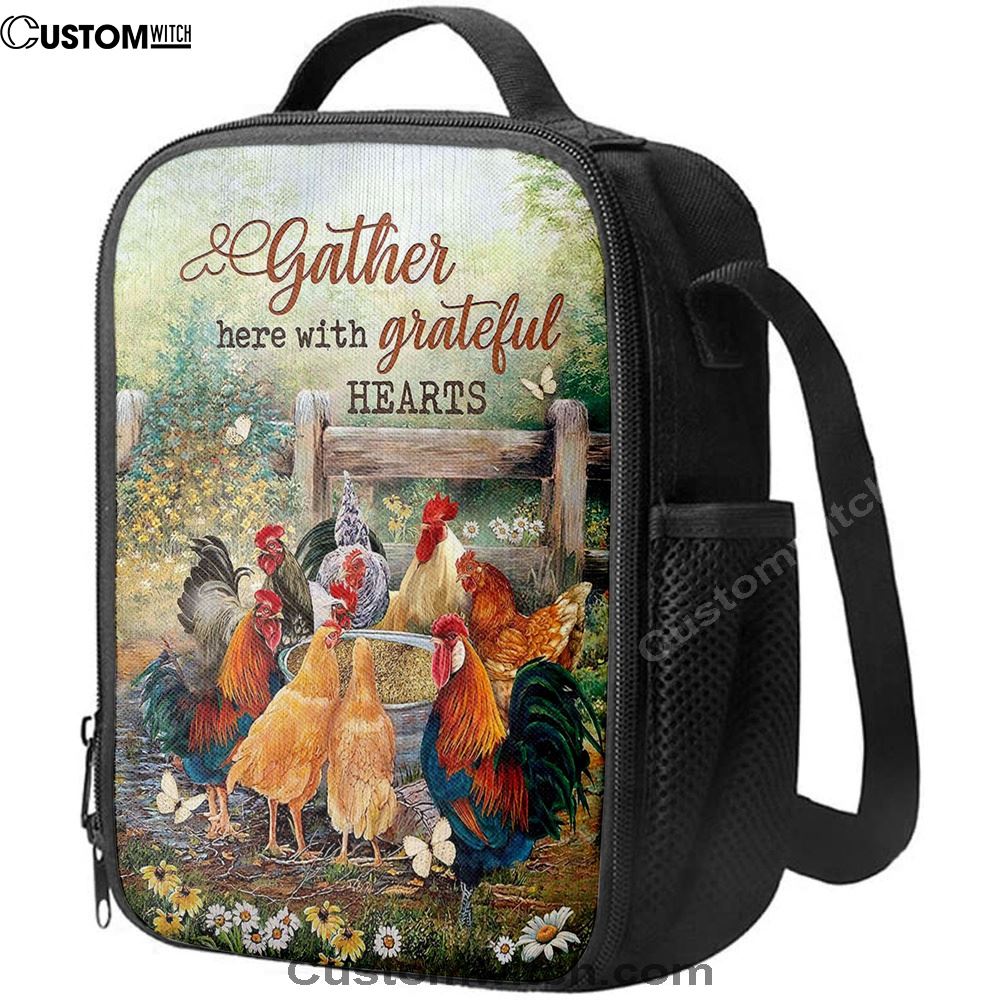 Rooster Meadow Land Gather Here With Grateful Hearts Lunch Bag - Christian Art, Bible Verse Lunch Bag For Men And Women