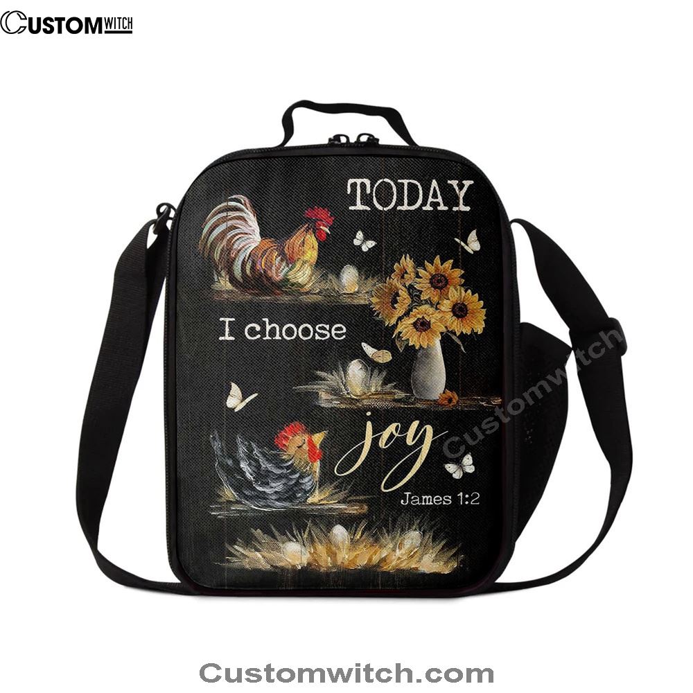 Rooster Sunflower Vase Black Background Today I Choose Joy Lunch Bag - Christian Art, Bible Verse Lunch Bag For Men And Women