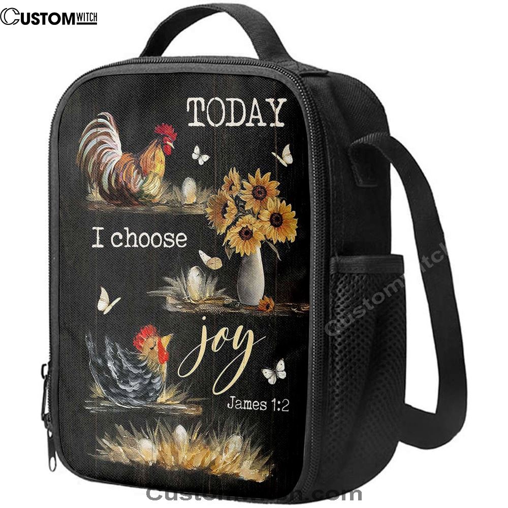 Rooster Sunflower Vase Black Background Today I Choose Joy Lunch Bag - Christian Art, Bible Verse Lunch Bag For Men And Women