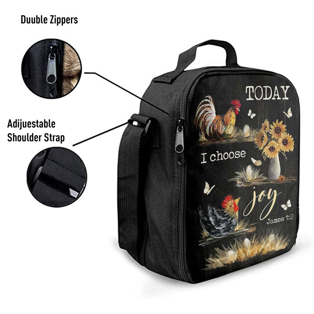Rooster Sunflower Vase Black Background Today I Choose Joy Lunch Bag - Christian Art, Bible Verse Lunch Bag For Men And Women