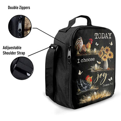 Rooster Sunflower Vase Black Background Today I Choose Joy Lunch Bag - Christian Art, Bible Verse Lunch Bag For Men And Women