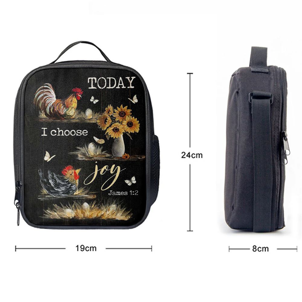 Rooster Sunflower Vase Black Background Today I Choose Joy Lunch Bag - Christian Art, Bible Verse Lunch Bag For Men And Women