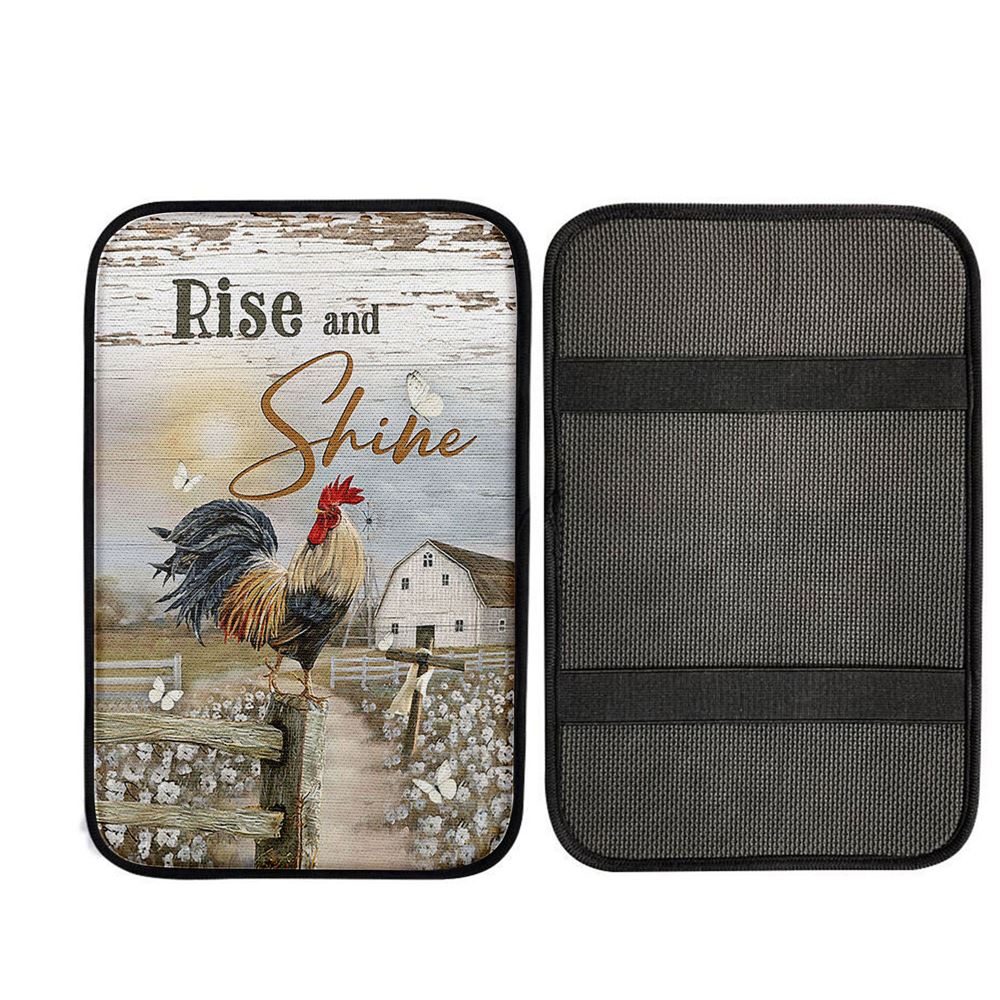 Rooster White Flower Field Sunset Rise And Shine Car Center Console Cover, Religious Car Interior Accessories