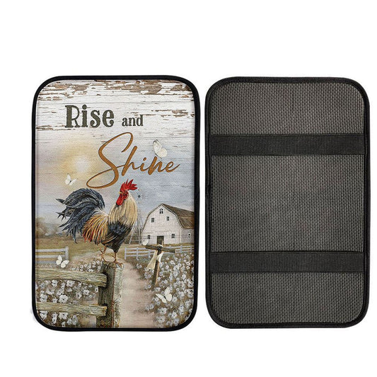 Rooster White Flower Field Sunset Rise And Shine Car Center Console Cover, Religious Car Interior Accessories