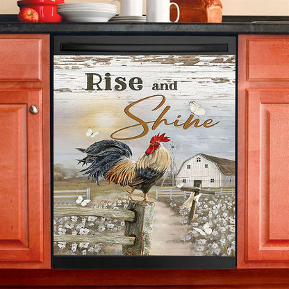 Rooster White Flower Field Sunset Rise And Shine Dishwasher Cover, Christian Dishwasher Wrap, Bible Verse Kitchen Decoration