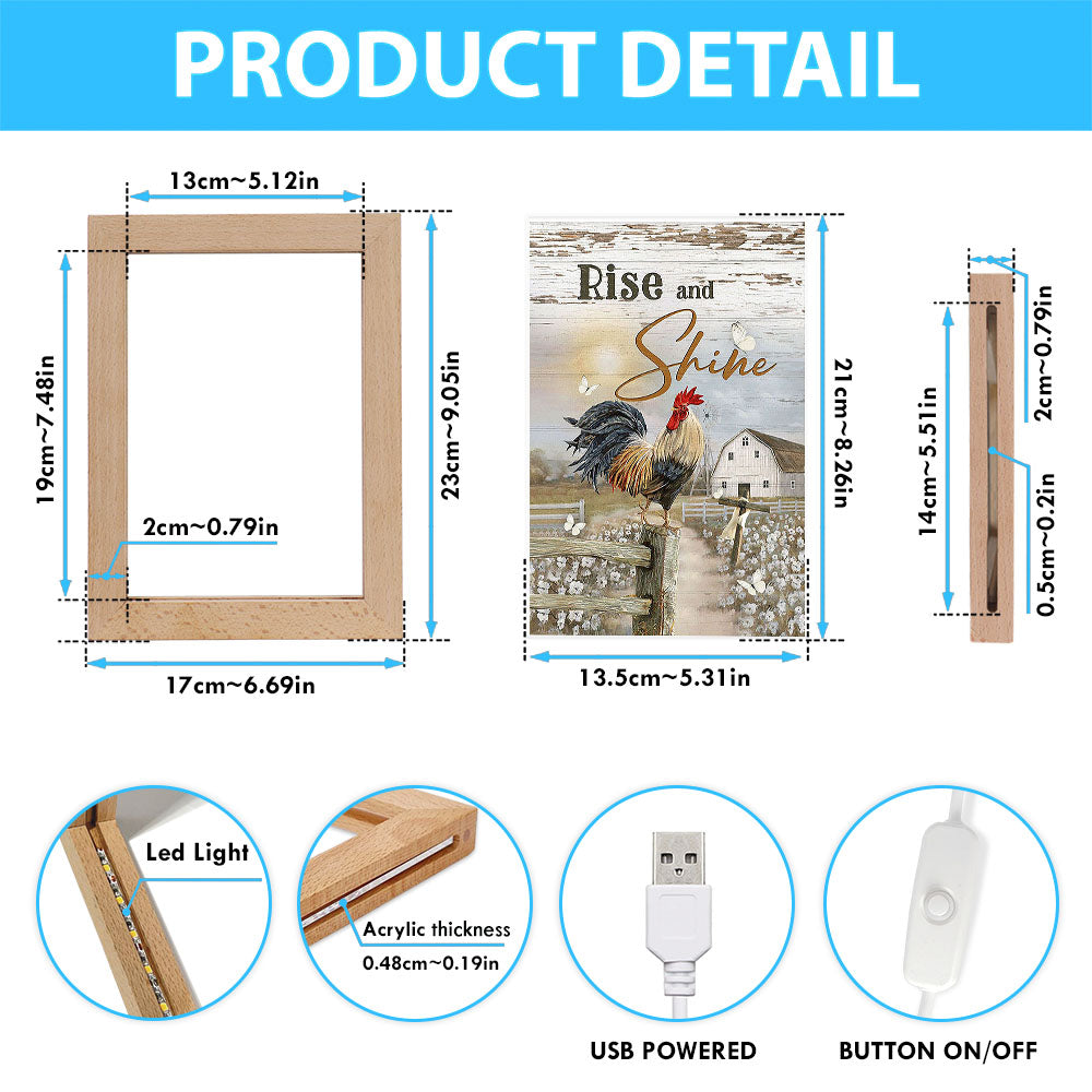 Rooster White Flower Field Sunset Rise And Shine Frame Lamp Art - Christian Night Light - Bible Verse Wooden Lamp