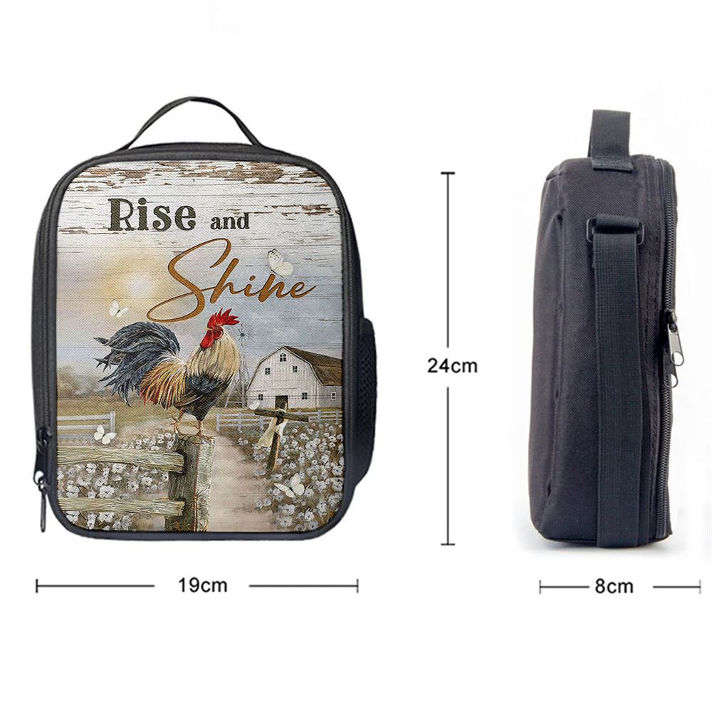 Rooster White Flower Field Sunset Rise And Shine Lunch Bag, Bible Verse Lunch Bag For Men And Women