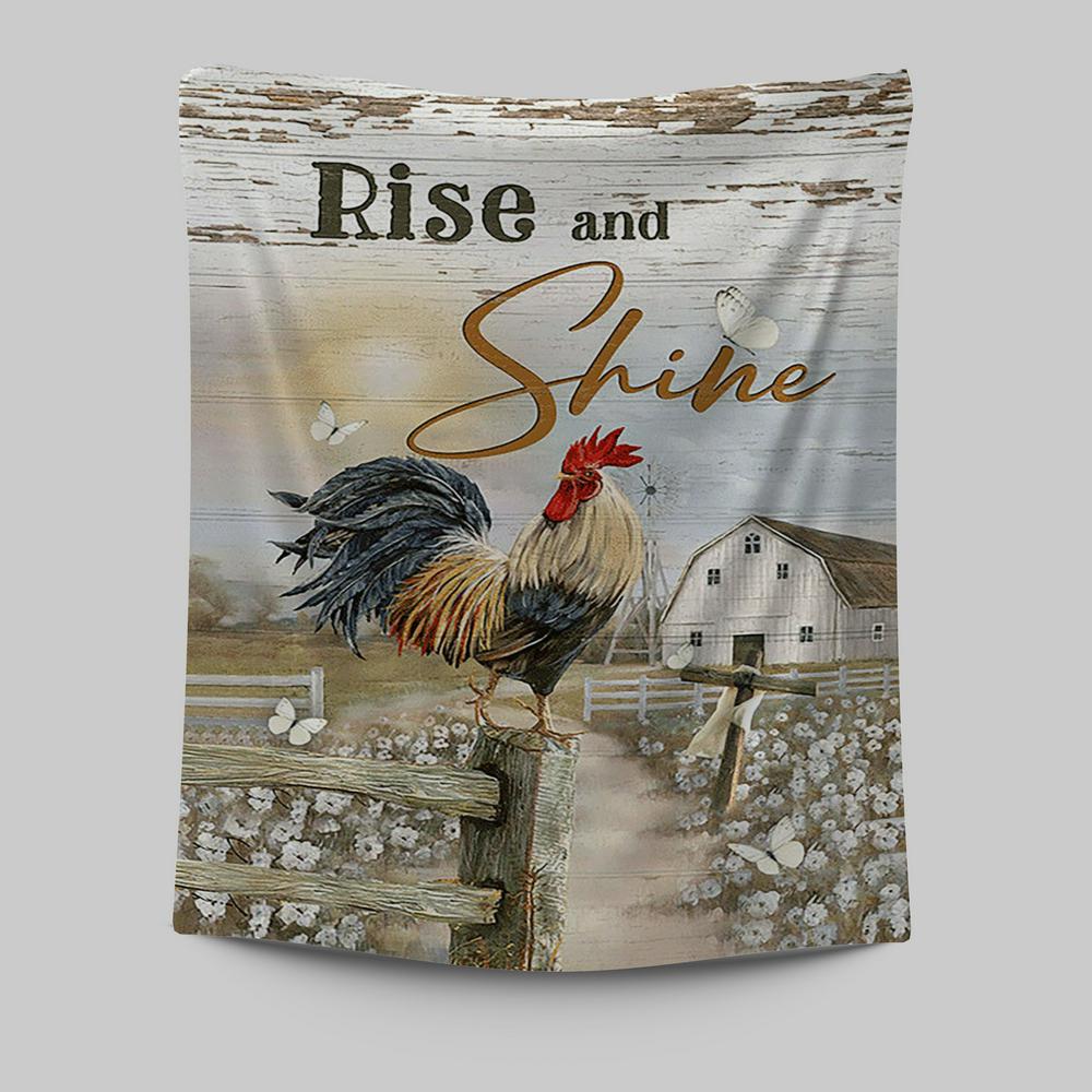 Rooster White Flower Field Sunset Rise And Shine Tapestry Wall Art - Christian Tapestries Prints - Bible Verse Tapestry Art