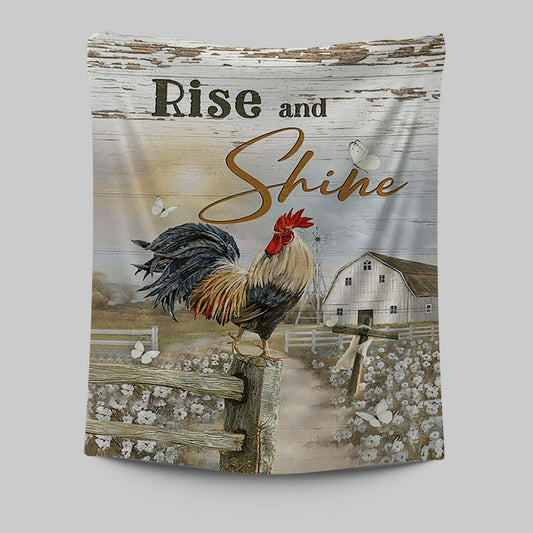 Rooster White Flower Field Sunset Rise And Shine Tapestry Wall Art - Christian Tapestries Prints - Bible Verse Tapestry Art
