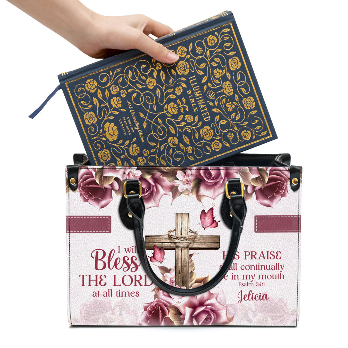 Rose & Cross Psalm 341 I Will Bless the Lord At All Times Leather Bag, Personalized Leather Bible Handbag, Christian Gifts For Women