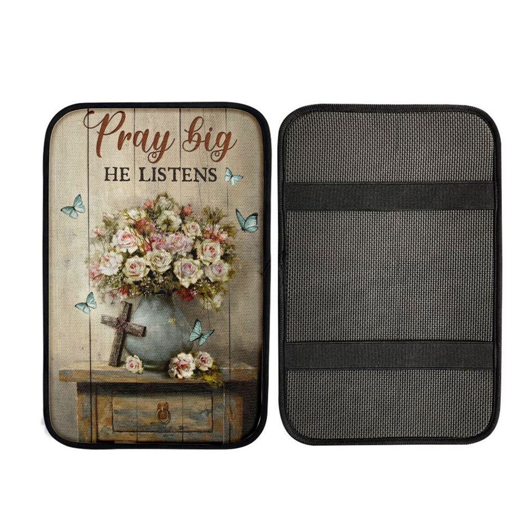 Rose Flower, Cross, Butterfly, Pray Big He Listens Car Center Console Cover, Car Armrest Pad, Christian Gift, Armrest Box Mat