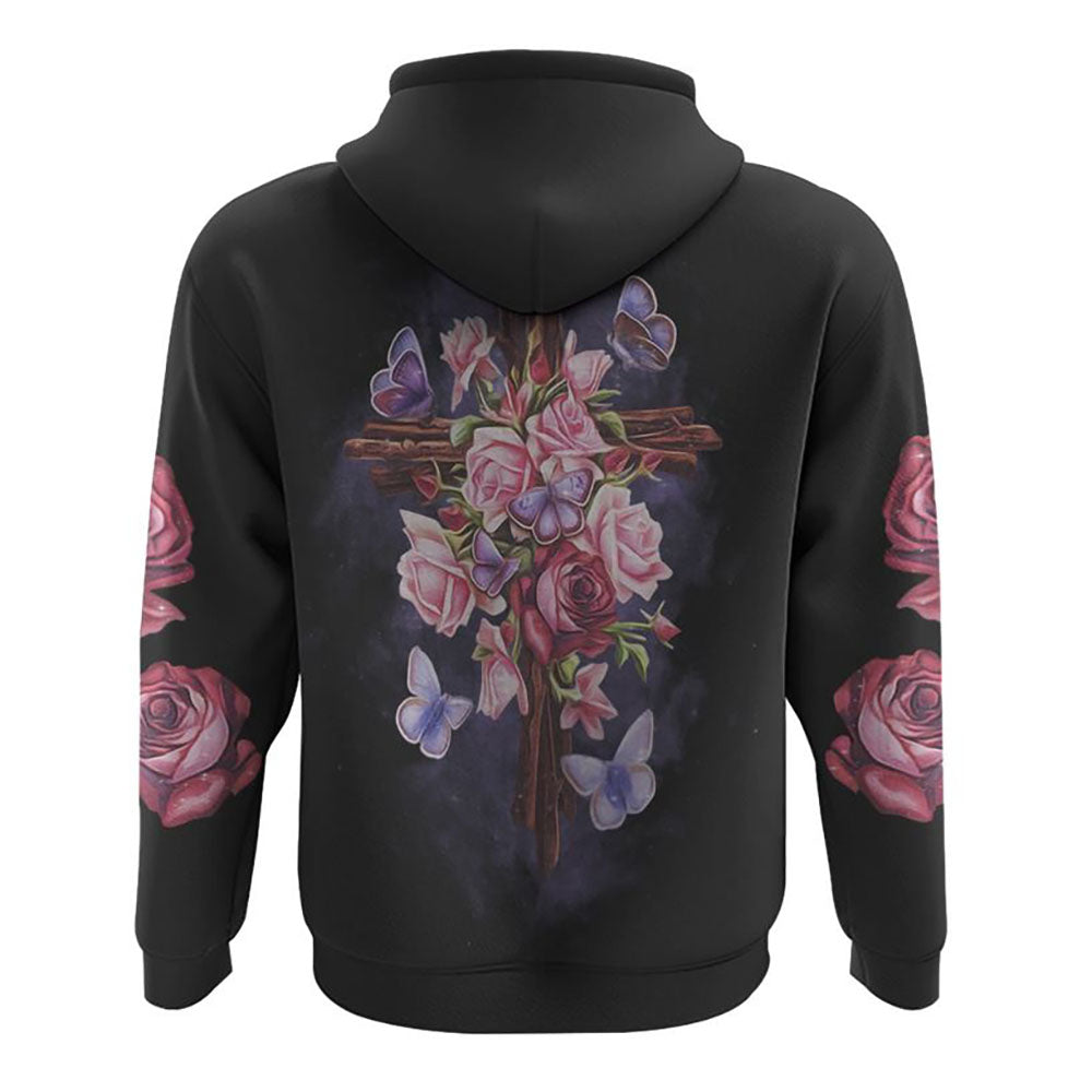Rose Wood Cross Butterfly All Over Print 3D Hoodie, Christian Hoodie, Christian Sweatshirt, Bible Verse Shirt