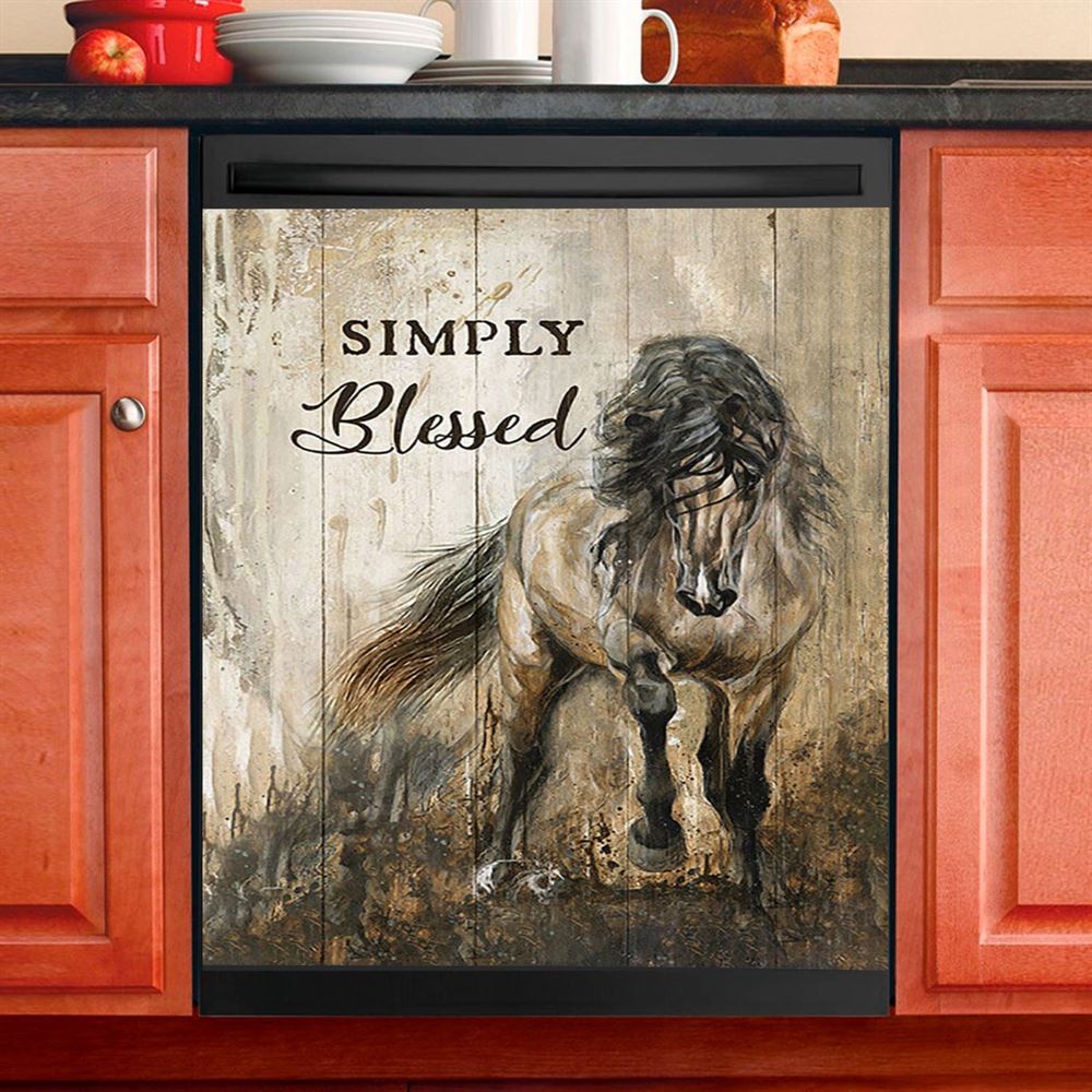 Running Horse Simply Blessed Dishwasher Cover, Inspirational Dishwasher Wrap, Christian Kitchen Decoration