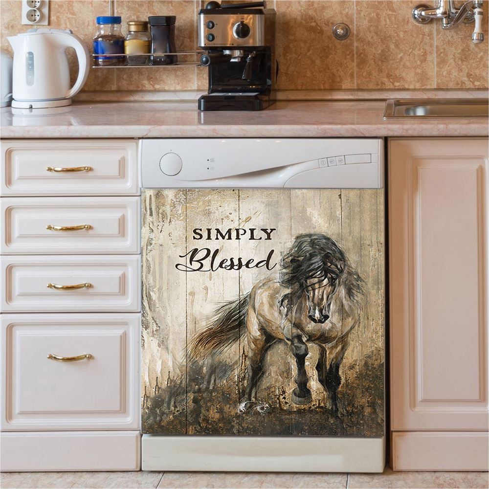 Running Horse Simply Blessed Dishwasher Cover, Inspirational Dishwasher Wrap, Christian Kitchen Decoration