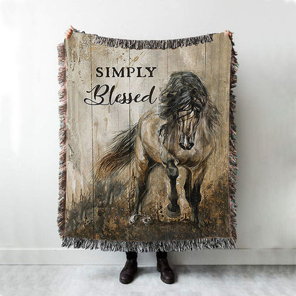 Running Horse Simply Blessed Woven Blanket Print - Inspirational Woven Blanket Art - Christian Throw Blanket Home Decor