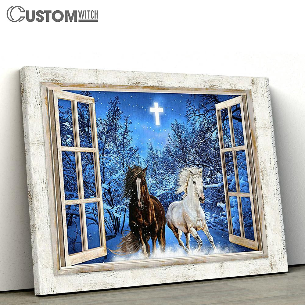 Running Horses Blue Night Crystal Cross Wall Art Canvas - Christian Wall Decor - Gifts For Horse Lovers
