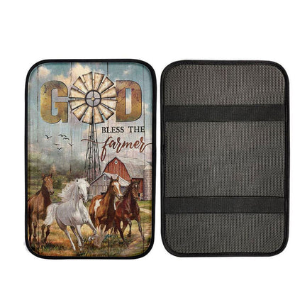 Running Horses God Bless The Farmer Car Center Console Cover, Christian Gift Car Armrest Pad