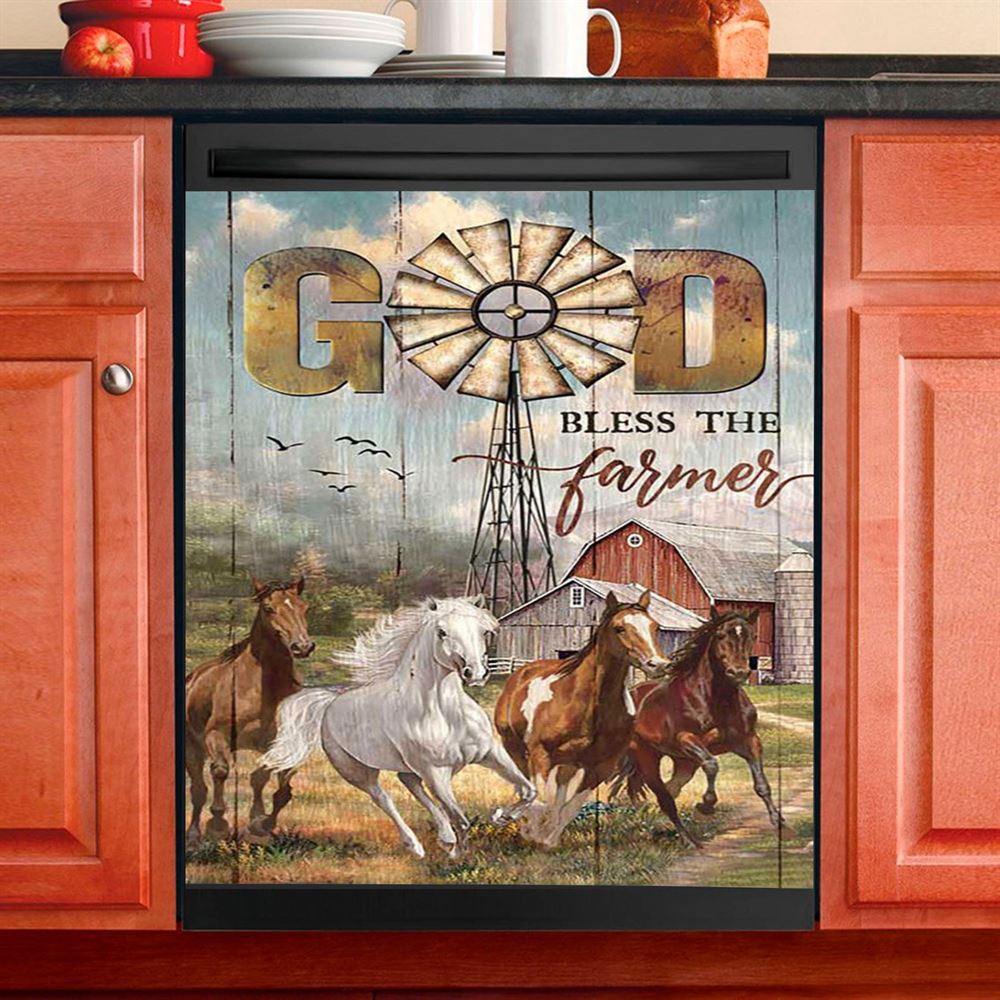 Running Horses God Bless The Farmer Dishwasher Cover, Inspirational Dishwasher Wrap, Christian Kitchen Decoration