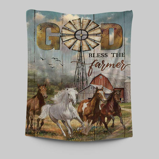 Running Horses God Bless The Farmer Tapestry Print - Inspirational Tapestry Art - Christian Wall Art Home Decor