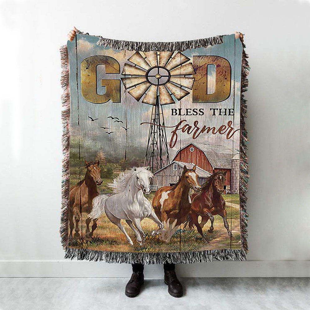 Running Horses God Bless The Farmer Woven Blanket Print - Inspirational Woven Blanket Art - Christian Throw Blanket Home Decor