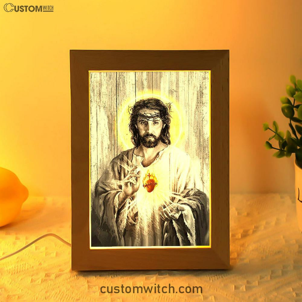 Sacred Heart Of Jesus Frame Lamp Print - Inspirational Frame Lamp Art - Christian Art Home Decor
