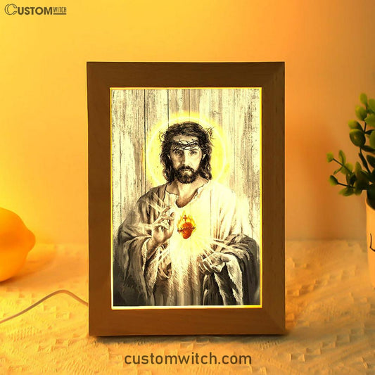 Sacred Heart Of Jesus Frame Lamp Print - Inspirational Frame Lamp Art - Christian Art Home Decor