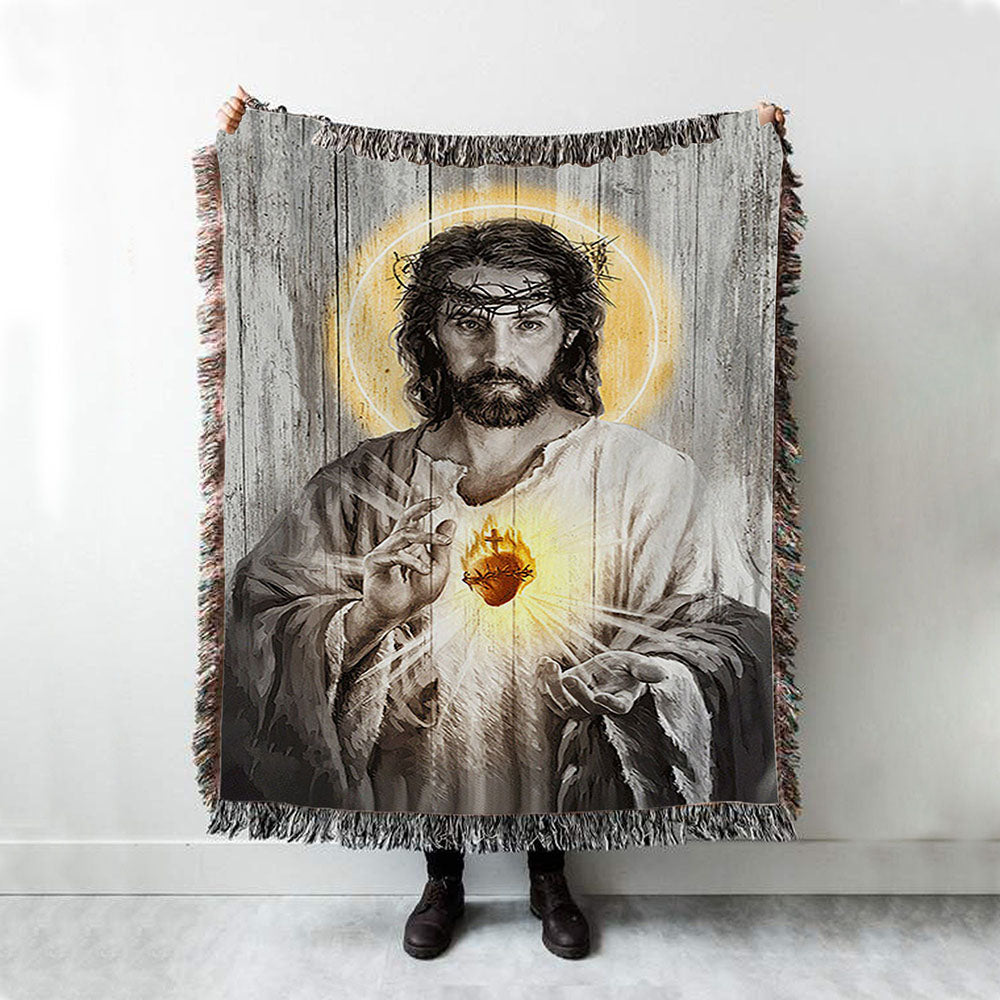 Sacred Heart Of Jesus Woven Blanket Print - Inspirational Woven Blanket Art - Christian Throw Blanket Home Decor