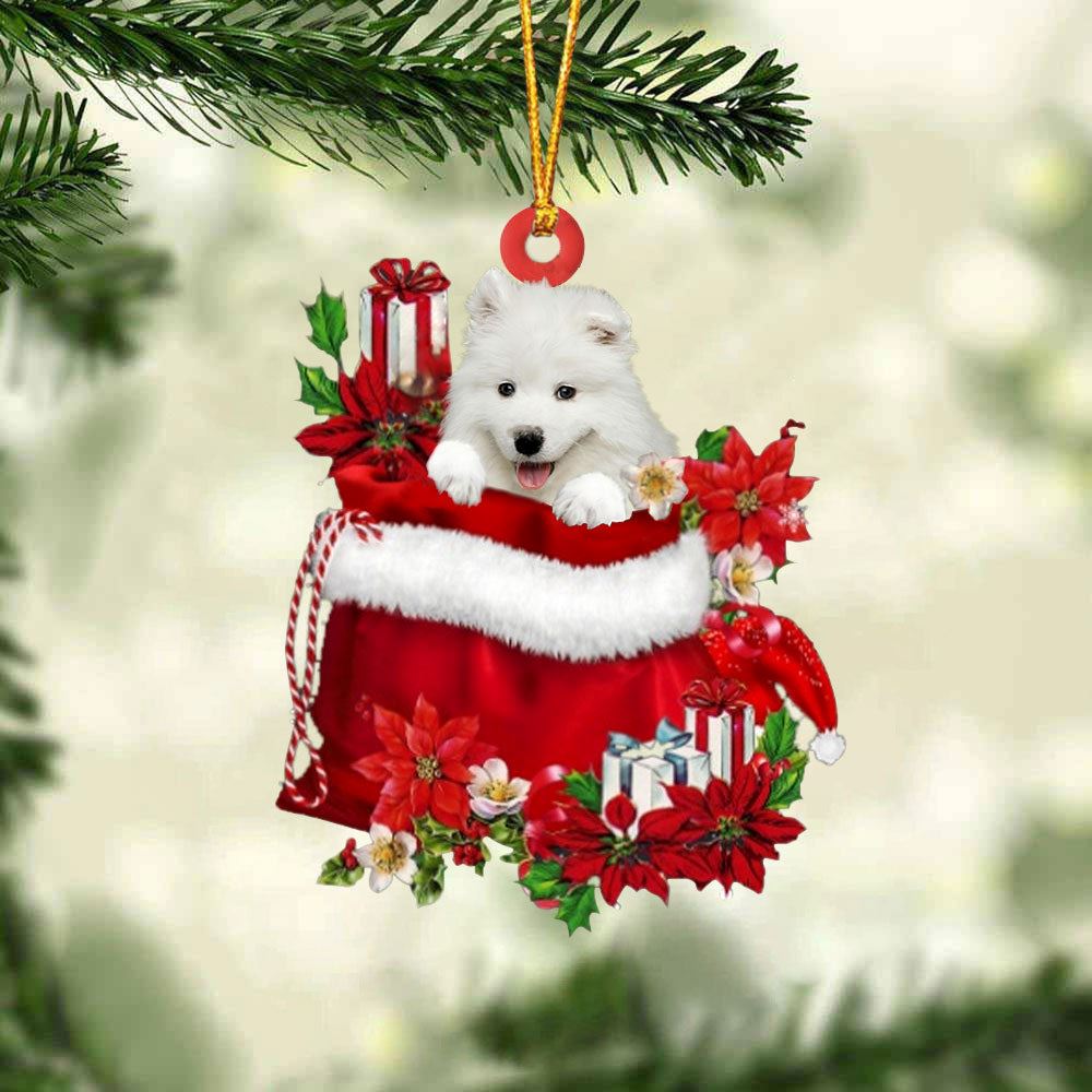 Samoyed In Gift Bag Christmas Ornaments, Christmas Gift, Christmas Tree Decorations, Christmas Ornament 2023