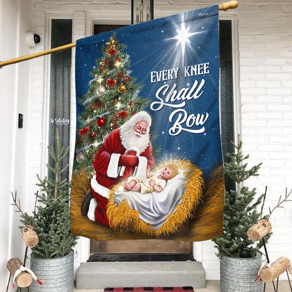 Santa Claus Every Knee Shall Bow Baby Jesus Christmas Flag, Christian Christmas House Flag, Christmas Outdoor Decor Ideas