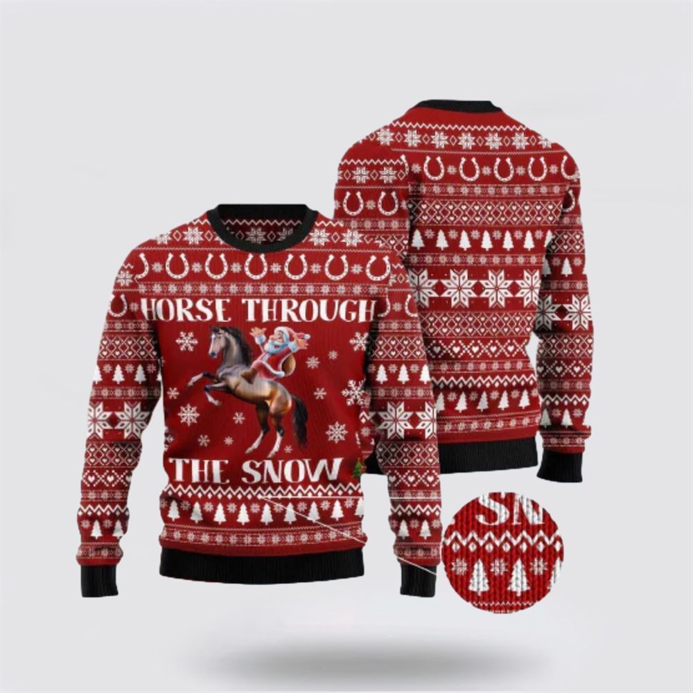 Santa Claus Horse Through The Snow Red Ugly Christmas Sweater, Best Gift For Holiday, Christmas Crewneck Sweater, Christmas Winter Fashion