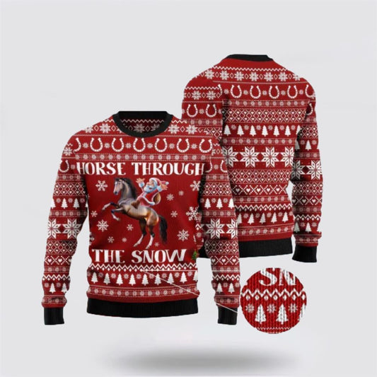 Santa Claus Horse Through The Snow Red Ugly Christmas Sweater, Best Gift For Holiday, Christmas Crewneck Sweater, Christmas Winter Fashion