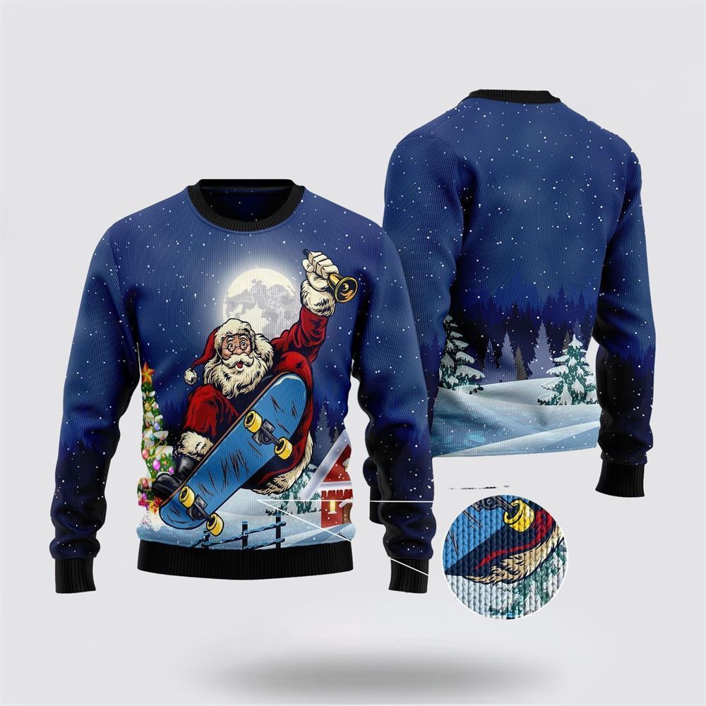Santa Claus Playing Skateboard Ugly Christmas Sweater, Best Gift For Holiday, Christmas Crewneck Sweater, Christmas Winter Fashion