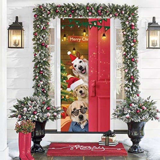 Santa Dogs Merry Christmas Door Cover Funny Dog Door Cover Christmas, Christmas Garage Door Covers, Christmas Outdoor Decoration
