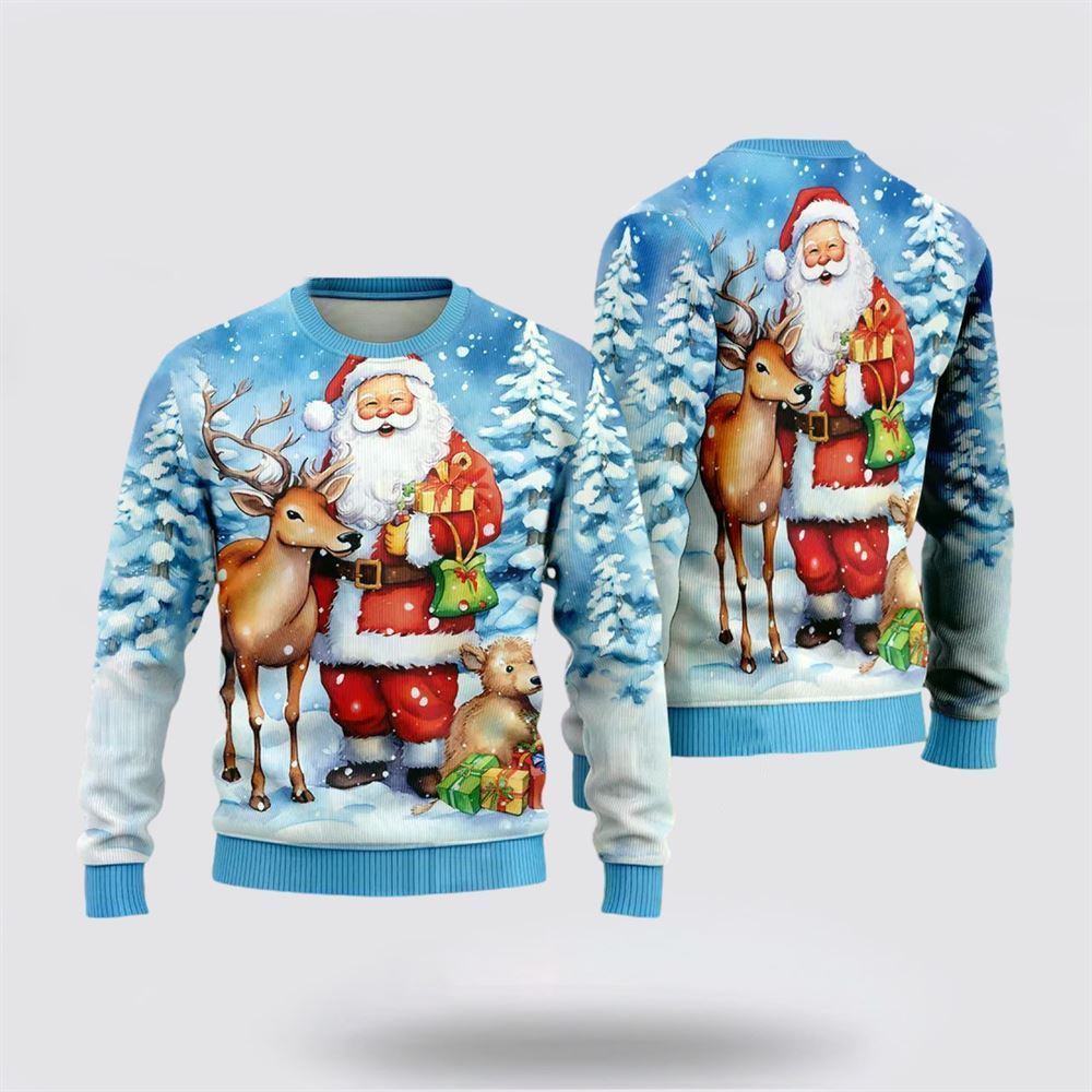Santa & Reindeers Ugly Christmas Sweater, Best Gift For Holiday, Christmas Crewneck Sweater, Christmas Winter Fashion