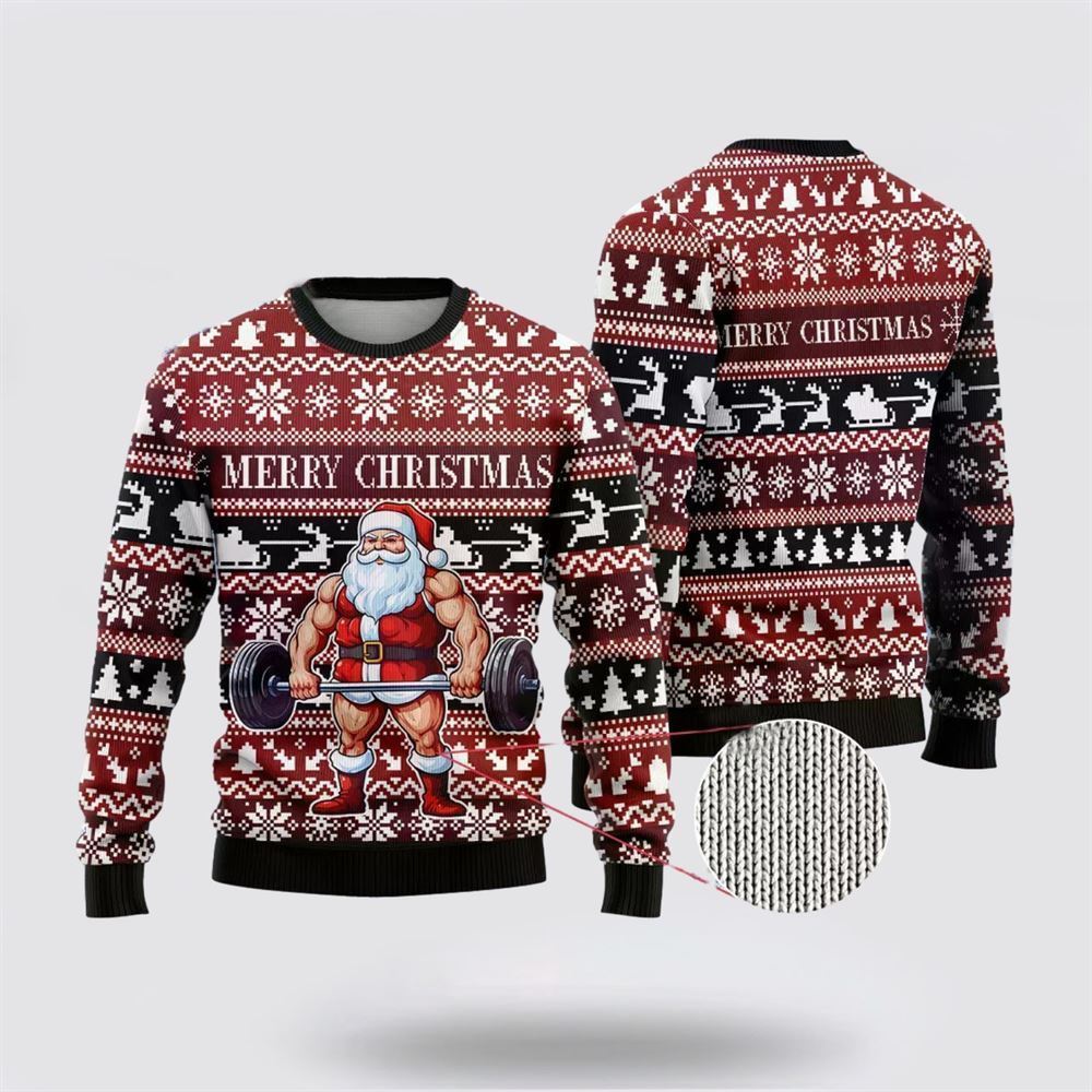 Santa Weightlifting Ugly Christmas Sweater, Best Gift For Holiday, Christmas Crewneck Sweater, Christmas Winter Fashion